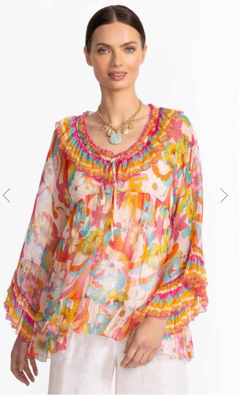 Jade by Johnny Was 100% Silk Sheer Floral Ruffle Tunic NWOT